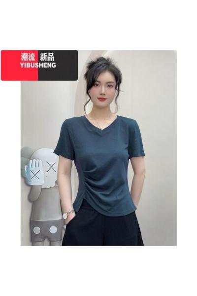 YIBUSHENGv领t恤女短袖2024新款季休闲显瘦不规则褶皱胖mm遮肚子上衣