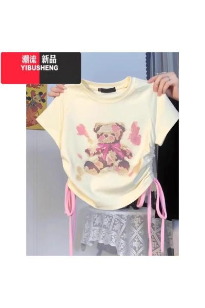 YIBUSHENG多巴胺小熊印花正肩短袖T恤女设计感小众别致修身抽绳短款上衣