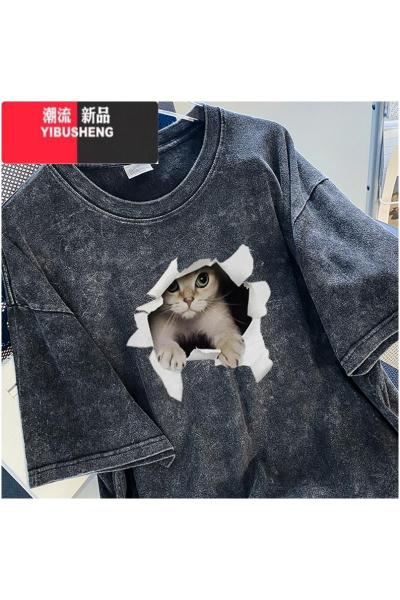 YIBUSHENG美式vintage做旧复古短袖t恤女季大码胖妹妹mm240斤上衣潮