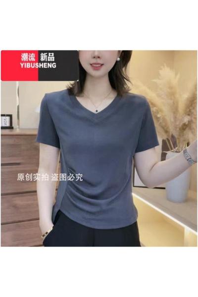 YIBUSHENGV领短袖T恤女士2024季新款不规则显瘦洋气遮肉纯色百搭上衣女