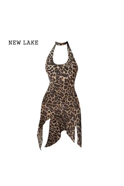 NEW LAKEy2k废土风野性因子豹纹不规则裙摆连衣裙挂脖露背设计感吊带裙