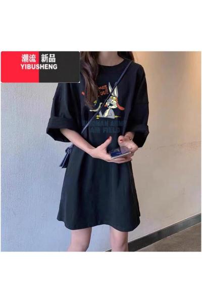 YIBUSHENG中长款大码连衣裙女港味chic短袖T恤女200斤胖mm设计感上衣服