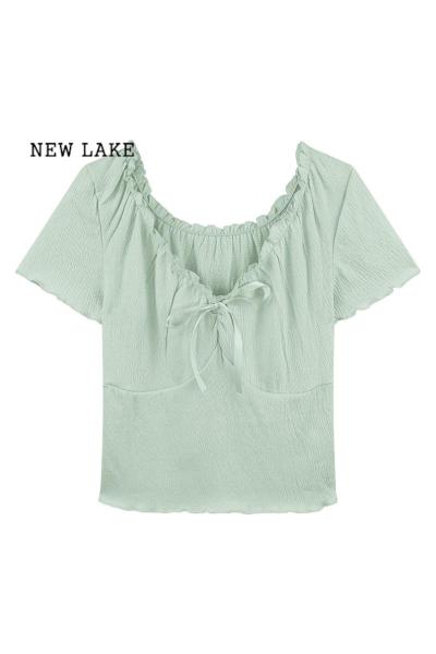NEW LAKE显瘦V领花边芭蕾风短袖t恤女2024新款夏季抽绳半袖衬衫甜辣小上衣