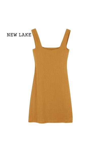 NEW LAKE黄色宽肩带吊带连衣裙女夏季辣妹性感紧身包臀短裙方领小个子裙子