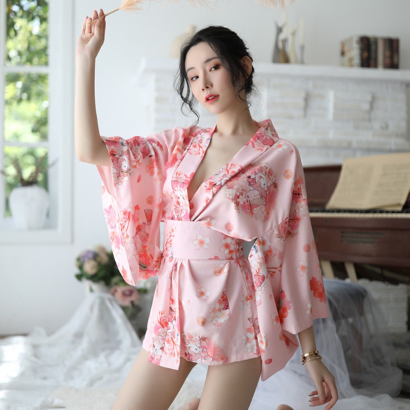 情趣内衣女新款日式印花樱花和服套装衣浴袍蕾丝袖睡袍透视诱惑家居服