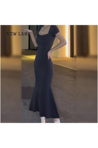 NEW LAKE黑色鱼尾裙女装夏季2024新款高级感小妈包臀长裙性感修身连衣裙子