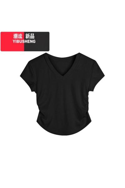YIBUSHENG小个子黑色正肩修身显瘦V领短袖T恤女季设计感小众短款打底上衣