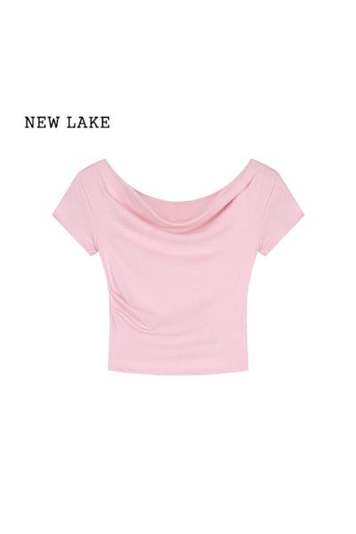 NEW LAKE甜辣妹粉色一字肩T恤女装夏季小众设计感气质温柔风修身短款上衣