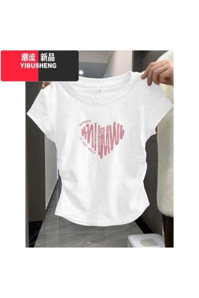 YIBUSHENG2024新款正肩t恤短袖女纯欲小众褶皱卡腰显瘦半袖圆领上衣