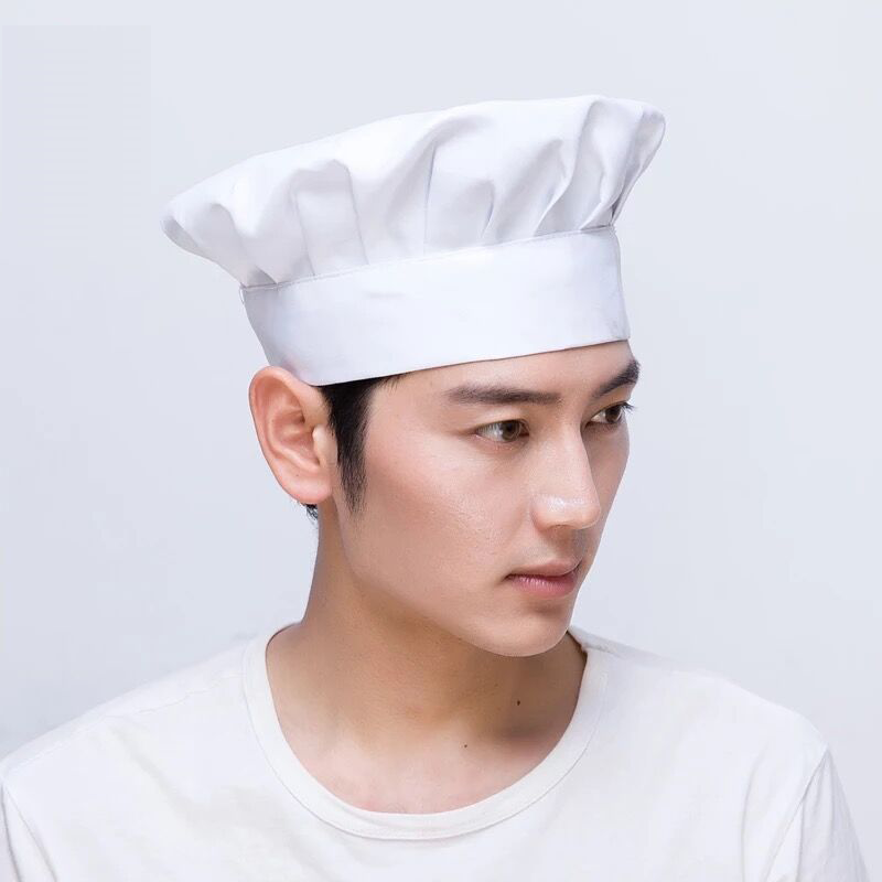 厨师帽子男厨师工作帽透气女餐厅厨房厨师布帽白蘑菇帽a