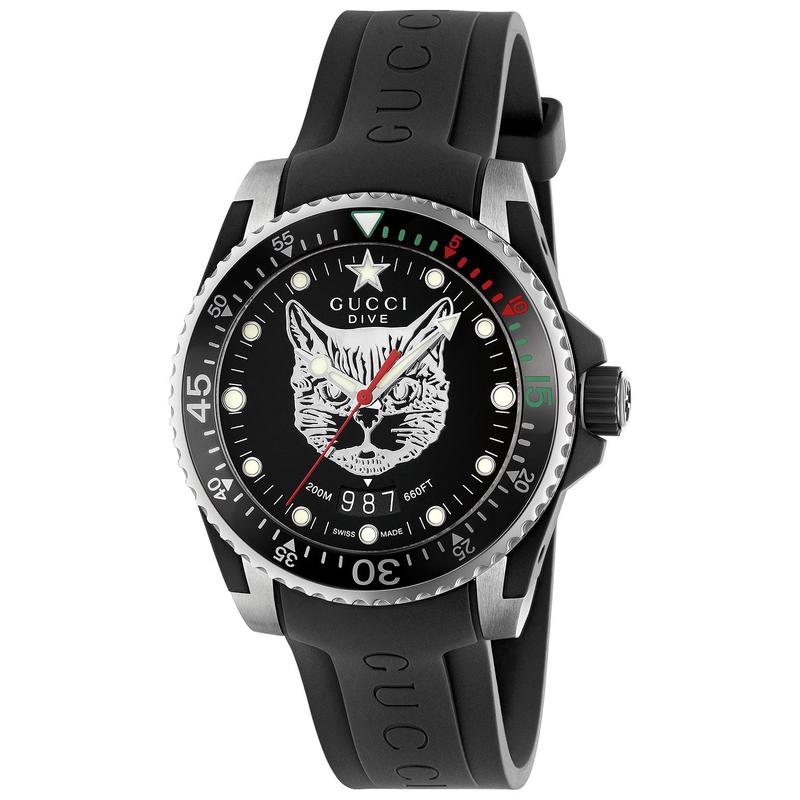 gucci古驰男表 瑞士潜水员黑色橡胶表带手表40毫米 猫头图案手表男