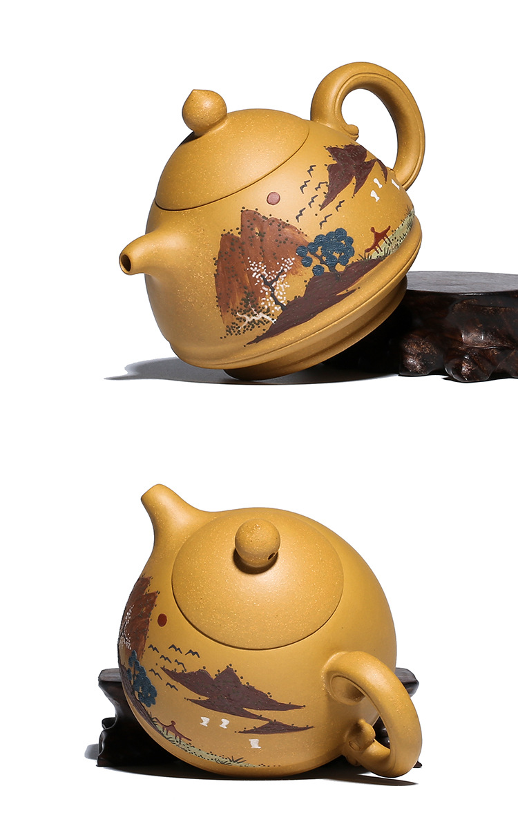 宜兴丁蜀镇紫砂壶名家纯全手工段泥 斗笠泡茶壶泥绘山水【价格 图片