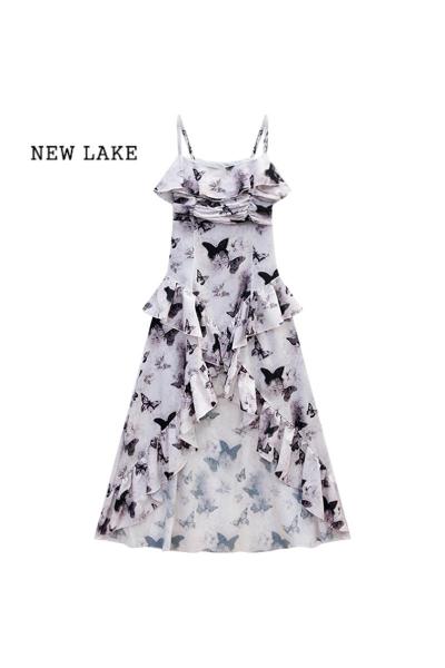 NEW LAKE气质印花吊带连衣裙夏季新款收腰修身海边度假长裙女装甜辣风裙子