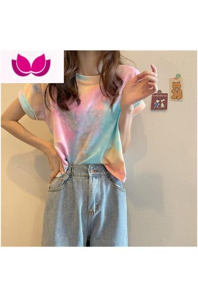 七斓2023早春新款扎染短袖T恤女装夏季设计感小众别致宽松短款上衣女