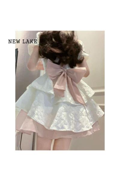 NEW LAKE法式白色蝴蝶结连衣裙女夏季高级感气质公主蓬蓬裙收腰小个子短裙