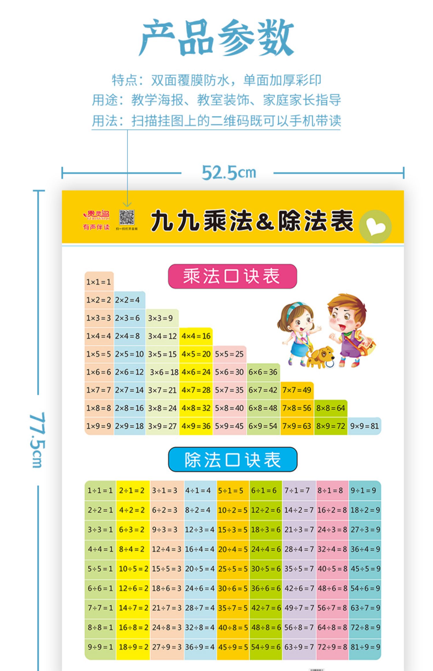 乘法口诀表挂图墙贴小学生一二年级数学九九乘法除法口诀表天天练九九