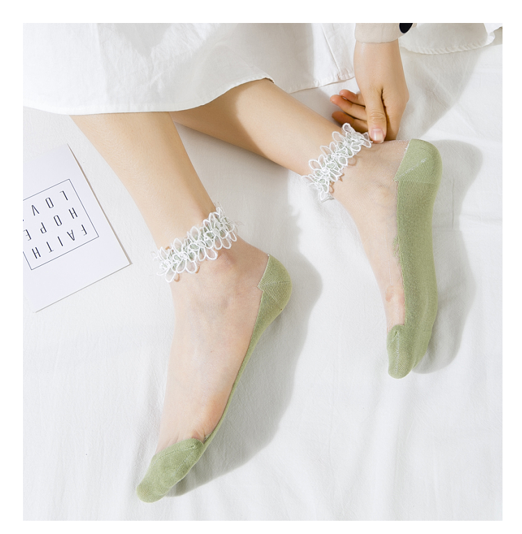 绿彩虹光蕾丝花边袜女日系透明玻璃水晶仙女袜夏季冰丝短筒薄丝袜花朵