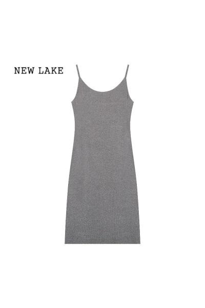 NEW LAKE灰色针织吊带连衣裙女春季辣妹性感包臀裙高级感气质收腰显瘦裙子