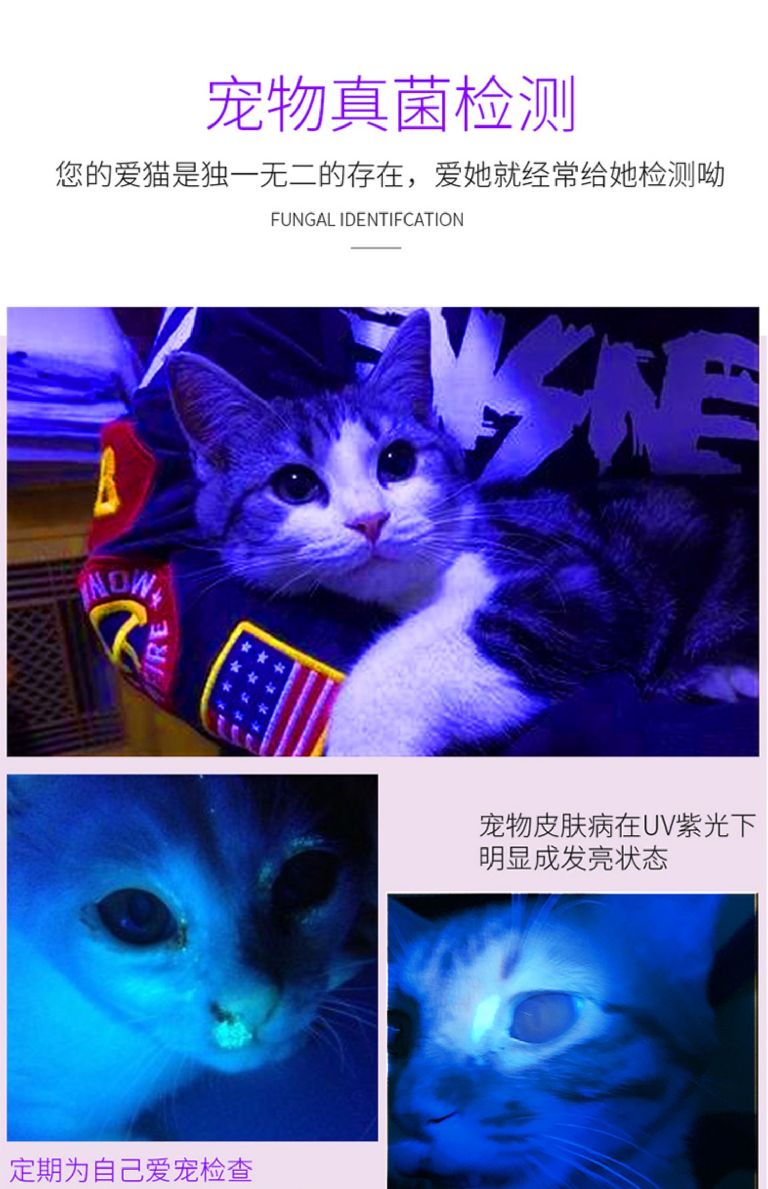 伍德氏灯猫藓灯宠物紫光灯照猫廯灯手电筒紫外线真菌检测灯伍德灯黑镜