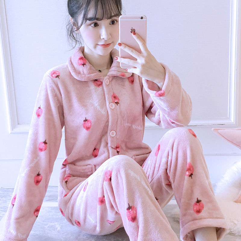 卡通珊瑚绒睡衣女士加厚秋冬季保暖套装开衫法兰绒春秋外穿家居服诺妮