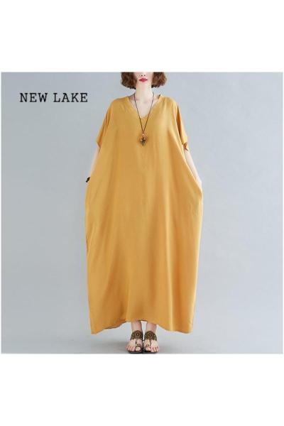 NEW LAKE夏季大码女装波西米亚V领棉质棉绸垂感长裙子纯色袍子宽松连衣裙