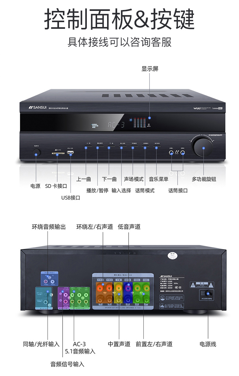 山水(sansui)ux66 功放机家用5.1声道 光纤同轴卡拉ok蓝牙功放 av功放