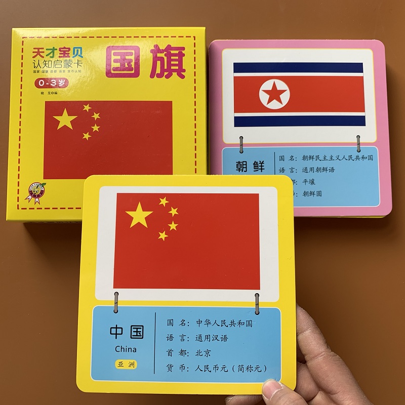 0123岁儿童小孩彩图认国旗卡片早教书加厚覆膜宝宝认国旗标志首都货币