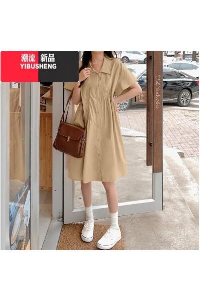 YIBUSHENG简约设计感纯色短袖连衣裙女季大码胖mm休闲洋气减龄显瘦衬衫裙