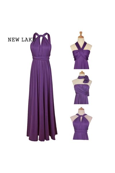 NEW LAKE欧美款性感吊带多种穿法绑带连衣裙晚礼服高贵葡萄紫色拖地伴娘裙