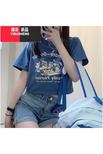 YIBUSHENG季新款日系美式复古卡通正肩短款圆领短袖T恤上衣女2024年辣妹