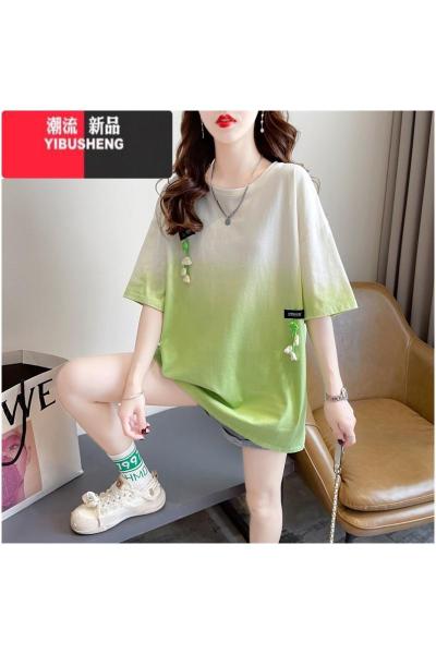 YIBUSHENG大码女装渐变色短袖t恤女装2024新款宽松设计感小众扎染上衣服