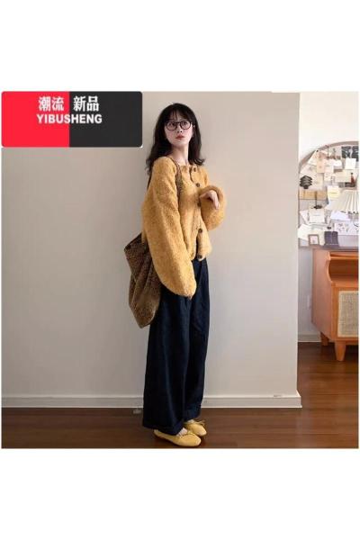 YIBUSHENG日系慵懒风复古橘黄色毛衣外套2023新款女装短款针织开衫