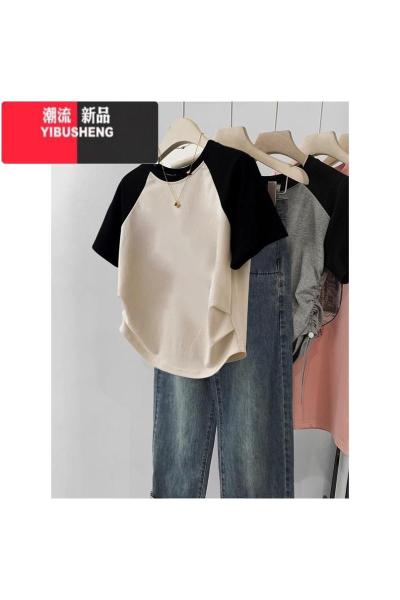 YIBUSHENG不规则插肩短袖t恤女装2024早春新款正肩季短款掐腰设计感上衣