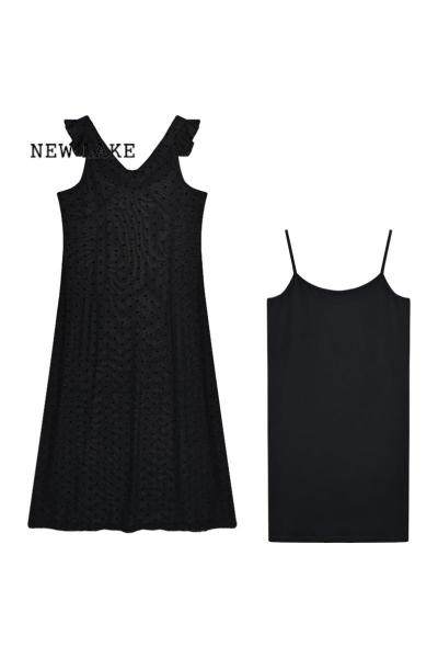 NEW LAKE黑色气质吊带连衣裙女装收腰显瘦长裙夏季新款法式小众设计感裙子