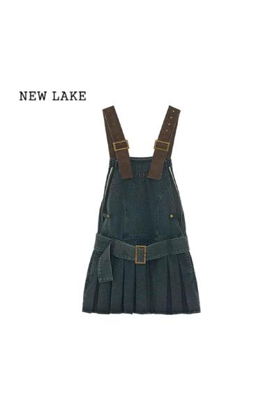 NEW LAKE连衣裙2024新款女夏季法式复古牛仔背带裙女设计感收腰裙子牛仔裙
