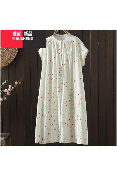 YIBUSHENG复古大码波点棉麻短袖连衣裙装宽松小清新亚麻中长款休闲衬衫裙