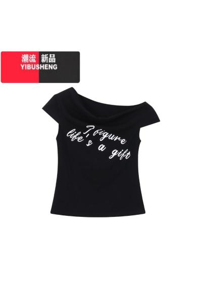 YIBUSHENG甜辣妹字母印花短袖T恤女装季设计感修身短款露肩上衣