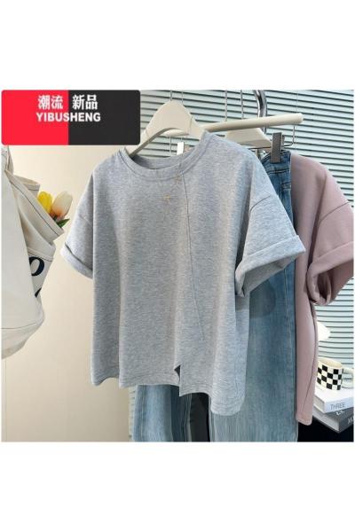 YIBUSHENG简约纯色短袖T恤女装2024新款宽松显瘦不规则开叉半袖上衣体恤
