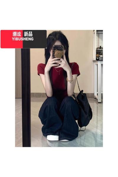 YIBUSHENG美式辣妹红色正肩短袖t恤女2024新款修身收腰紧身短款上衣