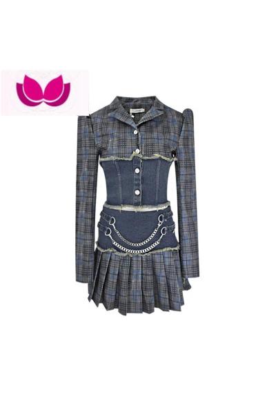 七斓SIUFAI格子套辣妹牛仔港风套装裙女复古甜辣风裙子