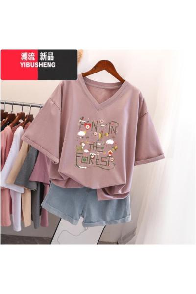 YIBUSHENG国潮复古短袖t恤女大码宽松oversize上衣设计感小众V领上衣服