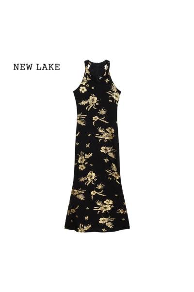 NEW LAKE复古黑色花朵烫金挂脖连衣裙女夏季紧身设计感辣妹收腰包臀长裙子