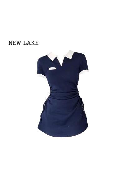 NEW LAKE美式复古学院风撞色polo领短裙甜辣盐系小个子连衣裙收腰显瘦夏季