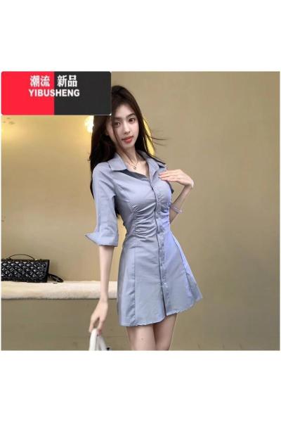YIBUSHENG小个子蓝色衬衫连衣裙子女季2024新款法式气质绝美收腰a字短裙