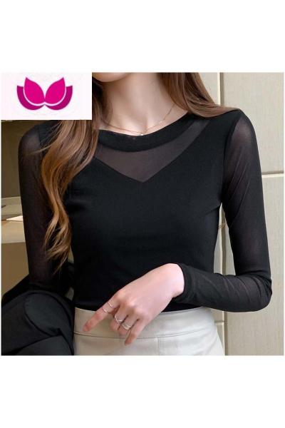 七斓网纱打底衫长袖女上衣大码2023女装圆领精致知性纱衣外穿T恤