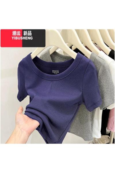 YIBUSHENG螺纹短袖t恤女季2024新款时髦时尚露锁骨小众修身短款上衣
