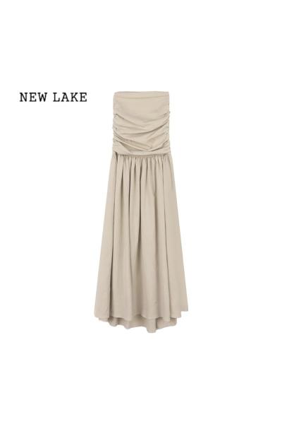 NEW LAKE露肩修身收腰显瘦抹胸裙女夏季白色复古气质长款连衣裙高级感裙子