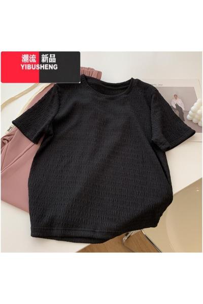 YIBUSHENGins火肌理纹短袖T恤女季宽松显瘦百搭甜飒风纯色半袖上衣服潮