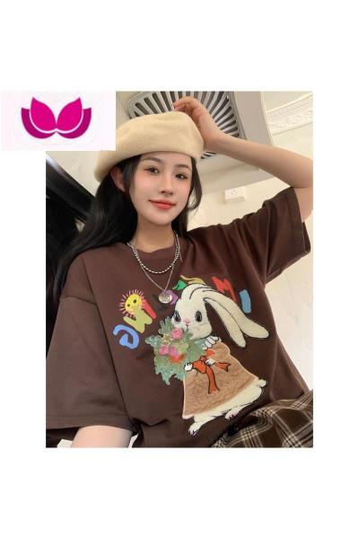 七斓小清新设计感短袖T恤女夏季2023新款卡通刺绣重工宽松中长款上衣