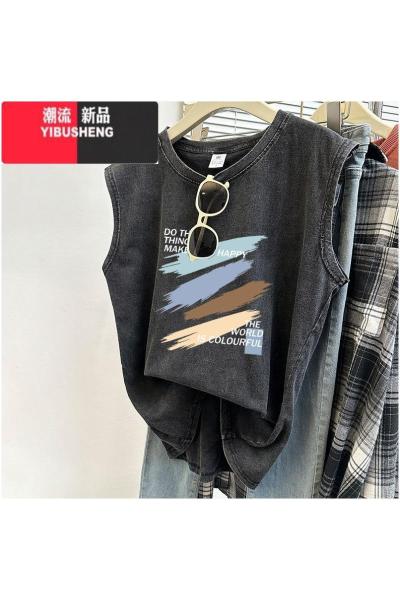 YIBUSHENG美式复古水洗做旧无袖背心t恤女装2024新款宽松坎肩外穿上衣服